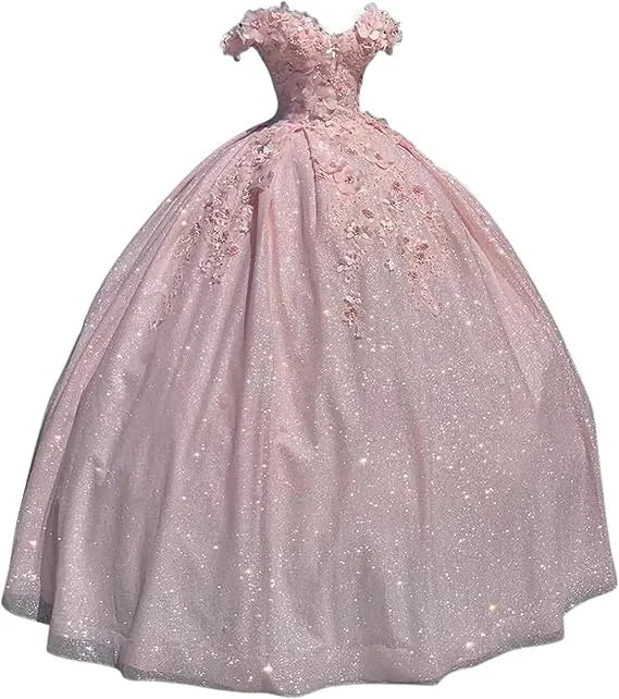 Abito da ballo blu con spalle scoperte, vestito da festa scintillante con fiori S26908