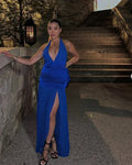 Abito da sera in raso blu con spacco e collo all'americana Abito formale per ballo Y7863