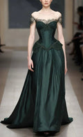 Vestido de Cetim Verde Vintage com Renda e Ombros Descobertos para Noite Formal e Baile Y7810