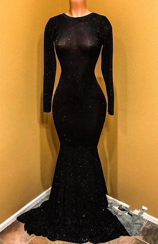 Abiti da sera lunghi neri con paillettes, abiti da ballo lunghi scintillanti a sirena con schiena scoperta e strascico Y841