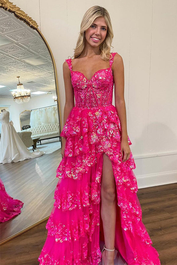 A Line Lace Tiered Stunning Prom Dress Evening Dress With Split