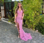 Abito da sera sirena lussuoso con paillettes rosa, pizzo e piume, spacco, abito da ballo Y7872