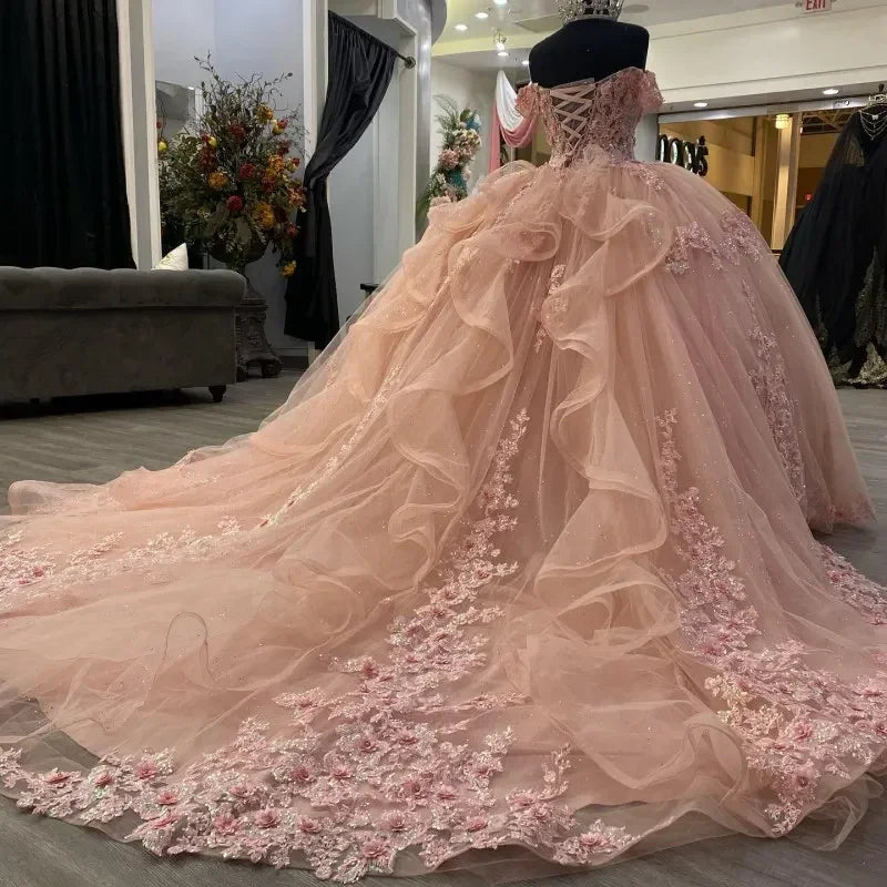 Robe de bal rose ornée d'appliques scintillantes, robe de princesse rose Y2341
