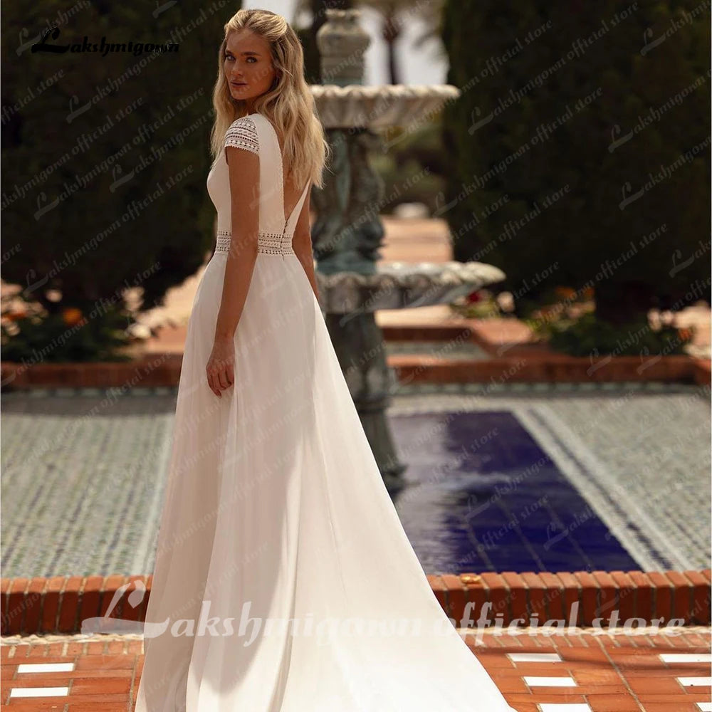 Custom A Line Chiffon Wedding Dress Short Sleeve Lace Backless Gown