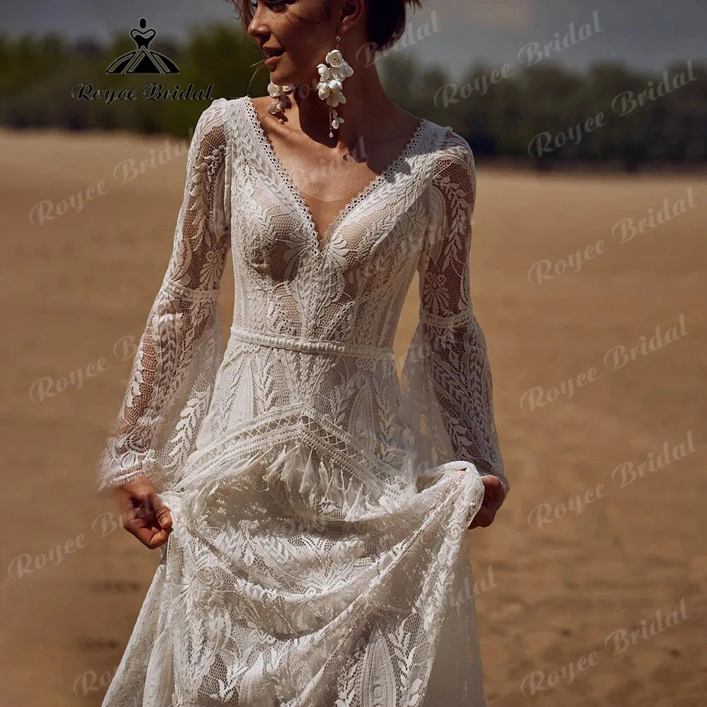 Lace Long Sleeve Mermaid Wedding Dress Boho Bridal Gown Custom Made