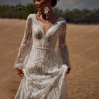 Lace Long Sleeve Mermaid Wedding Dress Boho Bridal Gown Custom Made