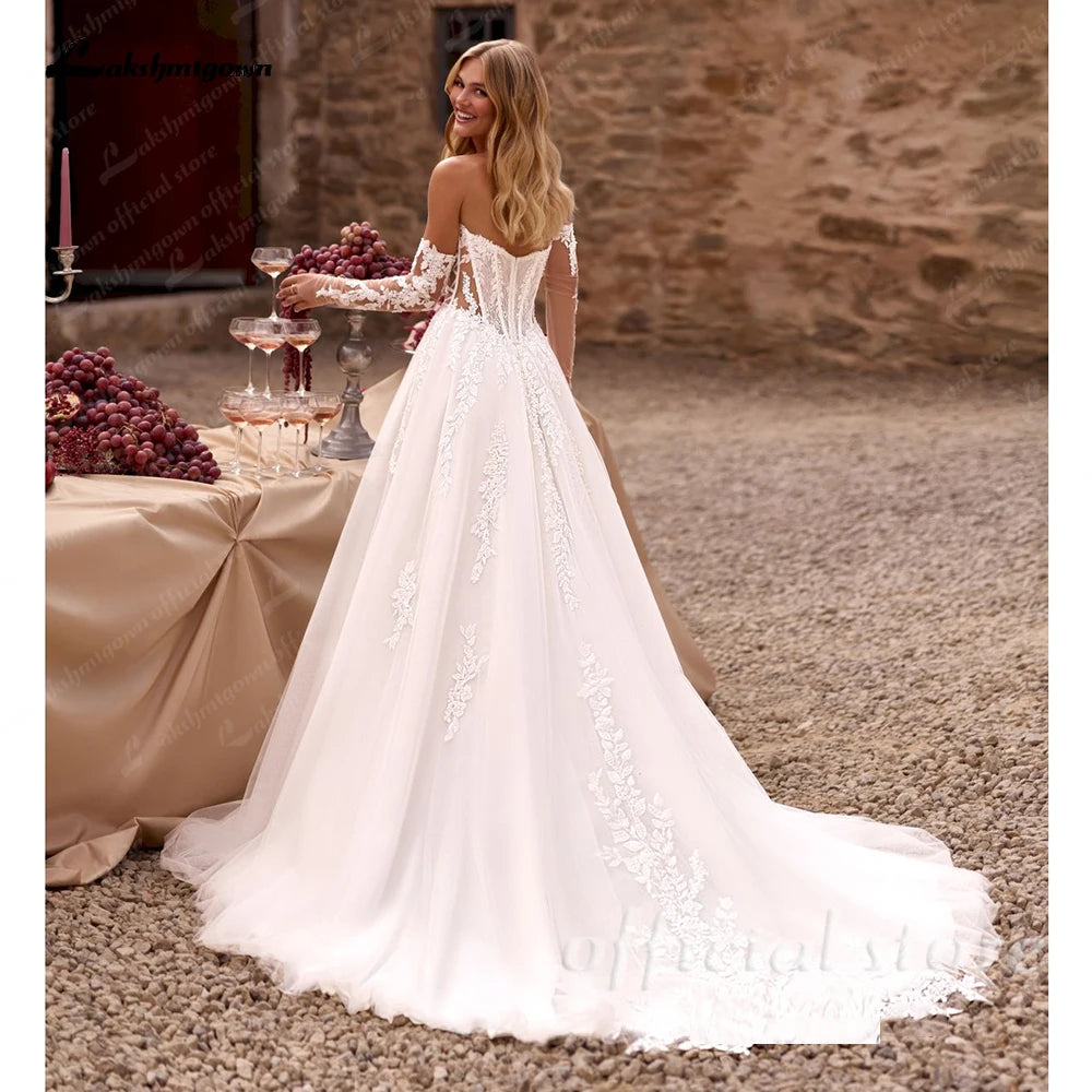 Off The Shoulder Lace Applique A Line Sweetheart Custom Wedding Dress