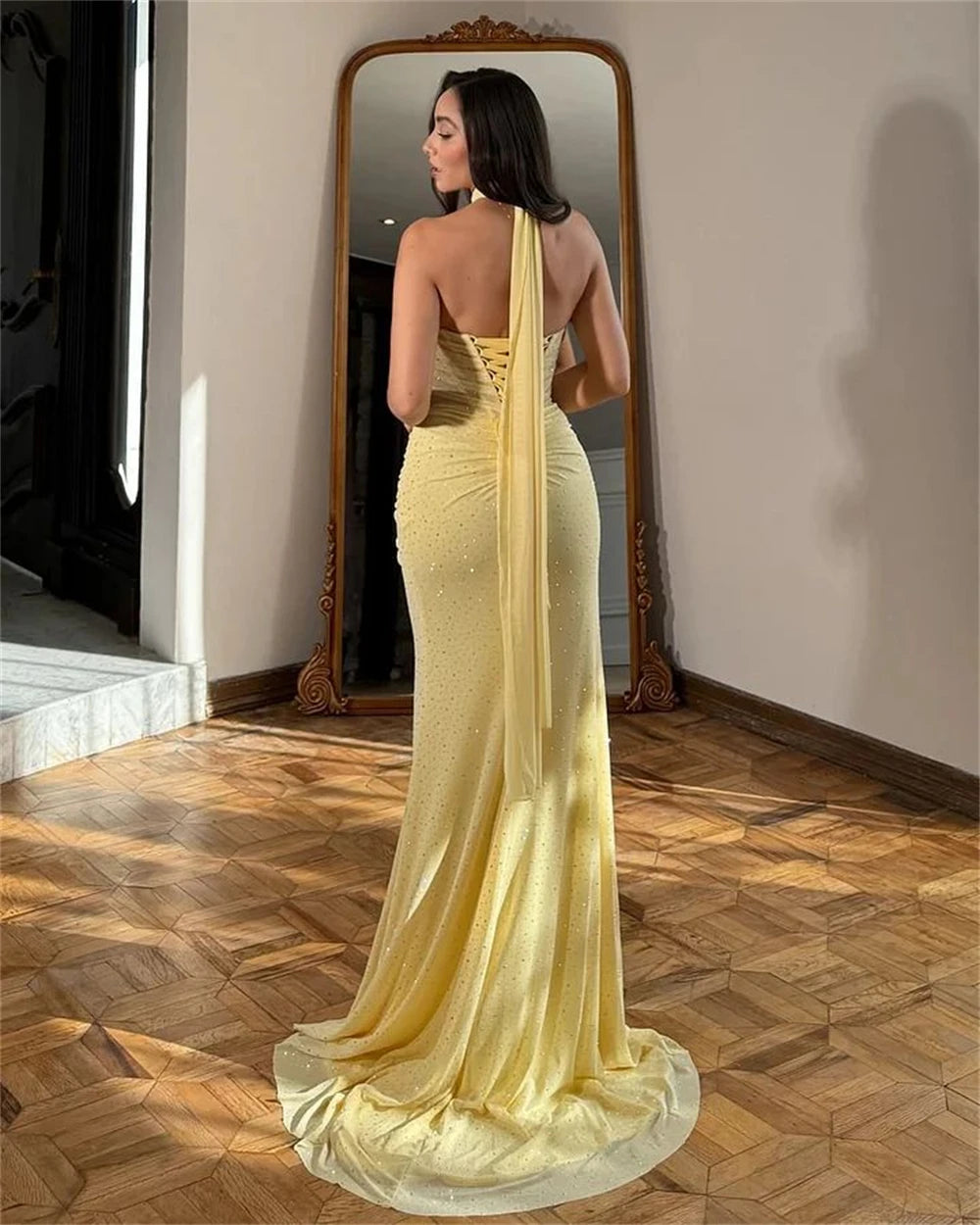 Sansa Customized Yellow Mermaid Strapless Side Split Prom Dress Corset Pleats Vestidos De Noche Floor-Length Formal Evening 2026