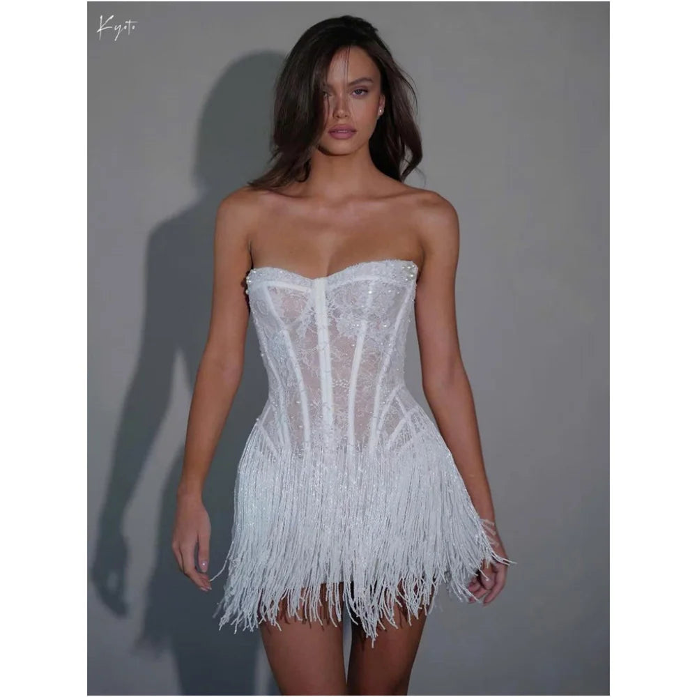 Custom White Lace Mini Wedding Dress Strapless Sheath With Tassel
