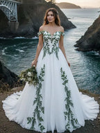 Custom Green Gothic Wedding Dress Off Shoulder Lace Boho Bride