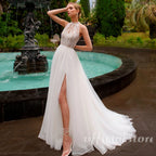 High Neck Tulle Wedding Gown With Removable Sleeves Slit Custom Bridal Dress