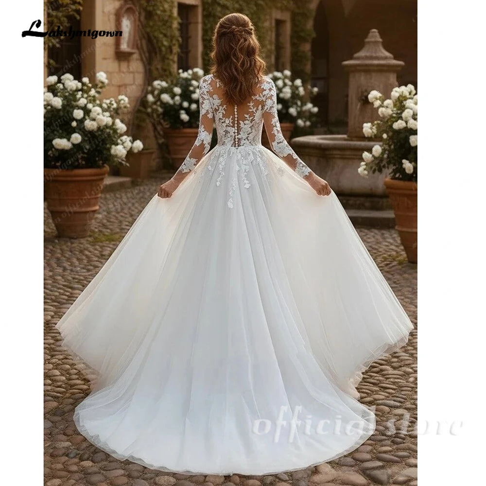 A Line Lace Floral Wedding Dress Illusion Long Sleeve Tulle