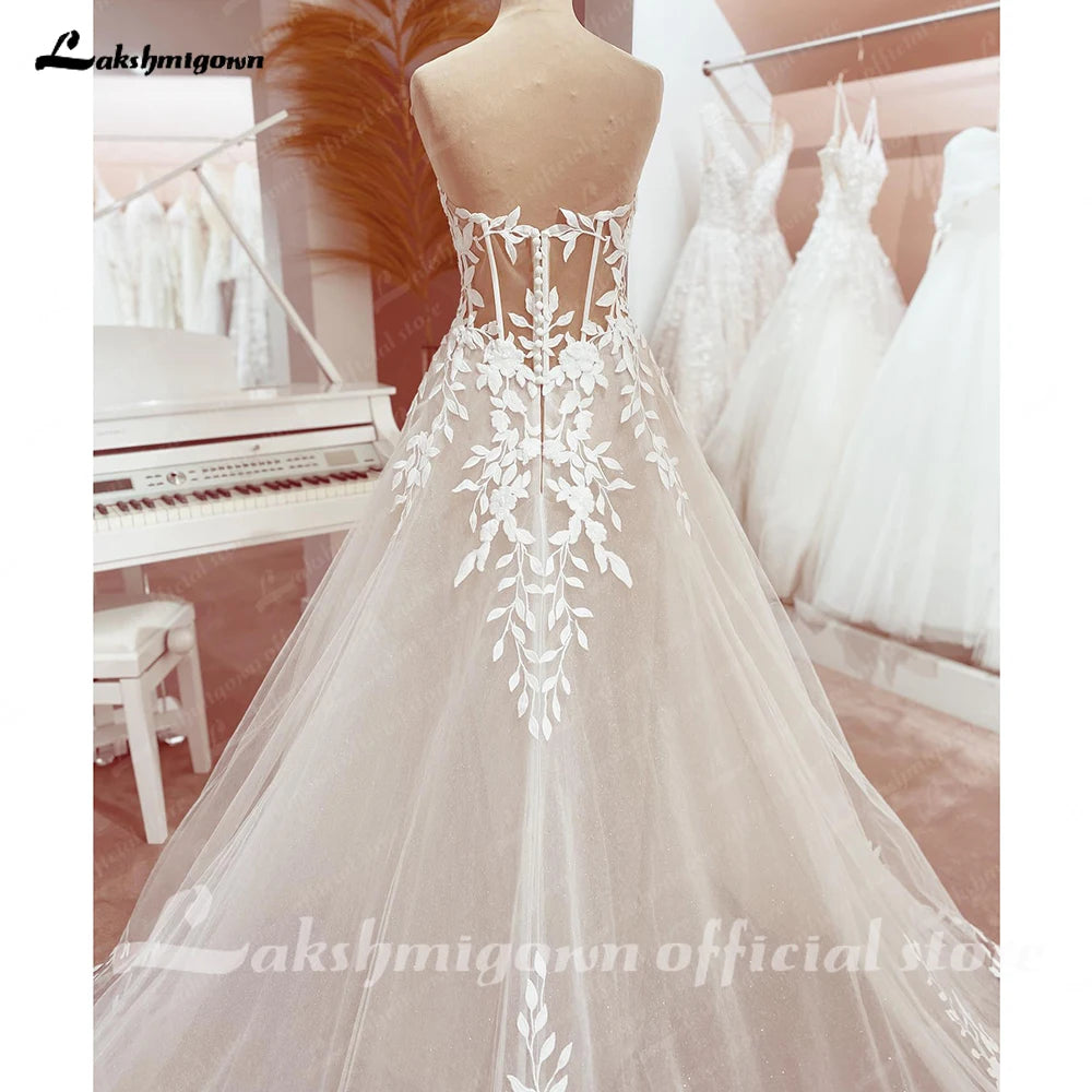 Custom Sweetheart A Line Wedding Dress With Glitter Lace Applique