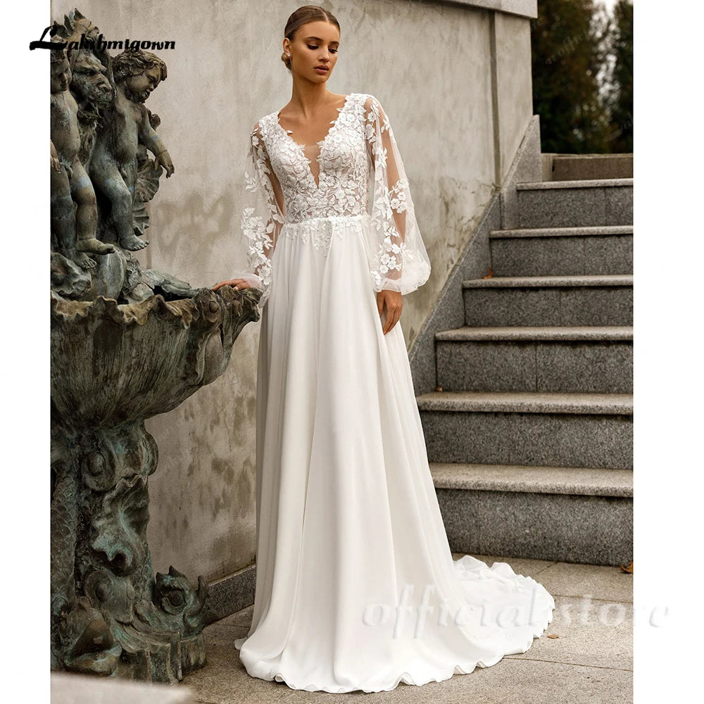 Lakshmigown Customized A Line Chiffon Wedding Dress V Neck Gown