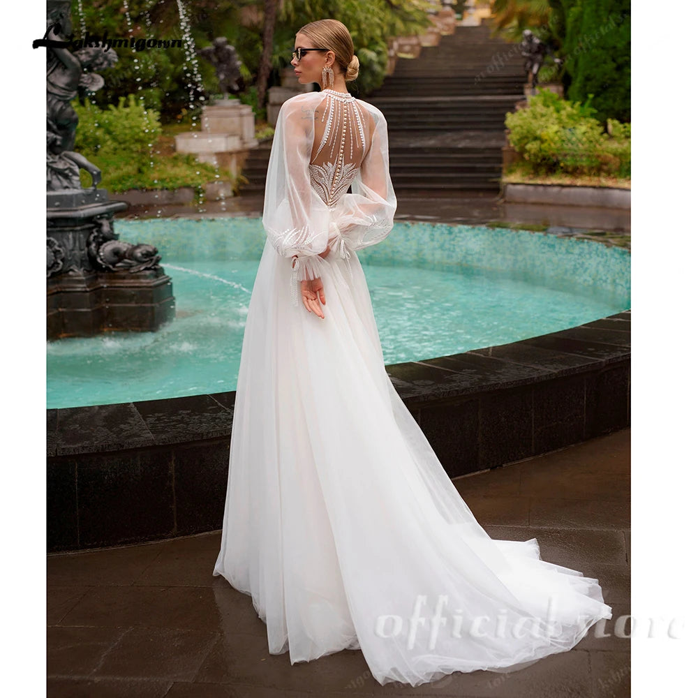 High Neck Tulle Wedding Gown With Removable Sleeves Slit Custom Bridal Dress