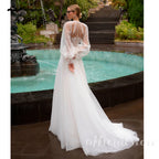 High Neck Tulle Wedding Gown With Removable Sleeves Slit Custom Bridal Dress