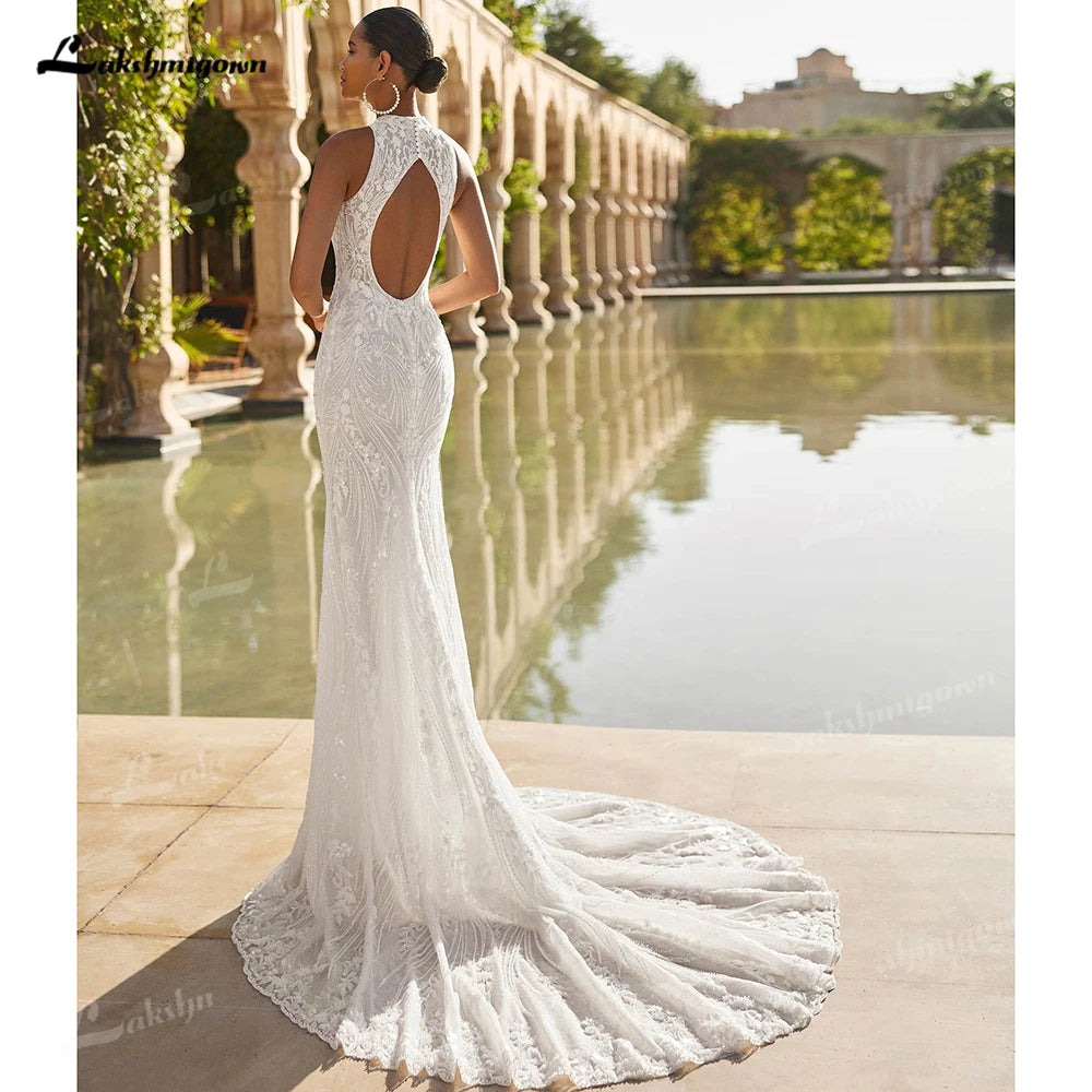 Custom Lace Mermaid Wedding Dress Tulle Detachable Train Halter Backless Gown