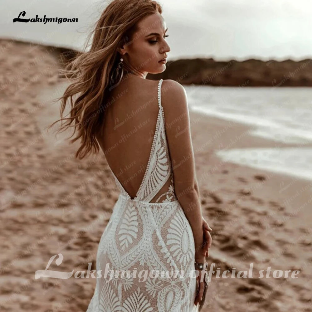 Lakshmigown Champagne Lace Mermaid Wedding Dress With Spaghetti Straps