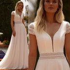 Custom A Line Chiffon Wedding Dress Short Sleeve Lace Backless Gown