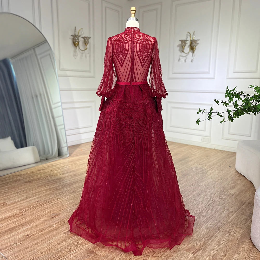 Plus Size Evening Dress Long Sleeve Wine Red Muslim Party Gown