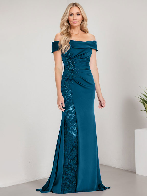 Robe de mère de la mariée longue jusqu'au sol, ligne A, épaules dénudées, appliques et perles, robe sirène avec fente haute