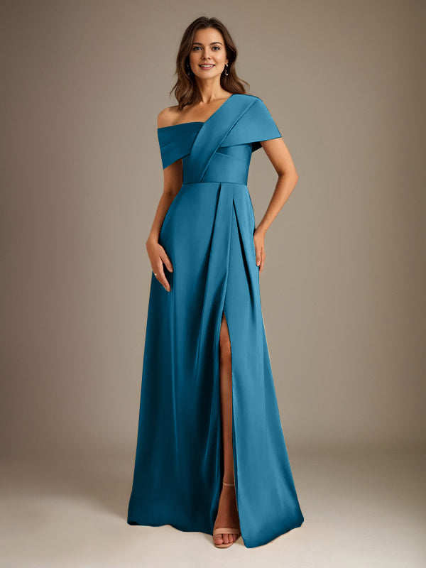 Robe de mère de la mariée en satin, longueur au sol, encolure asymétrique en ligne A avec plis