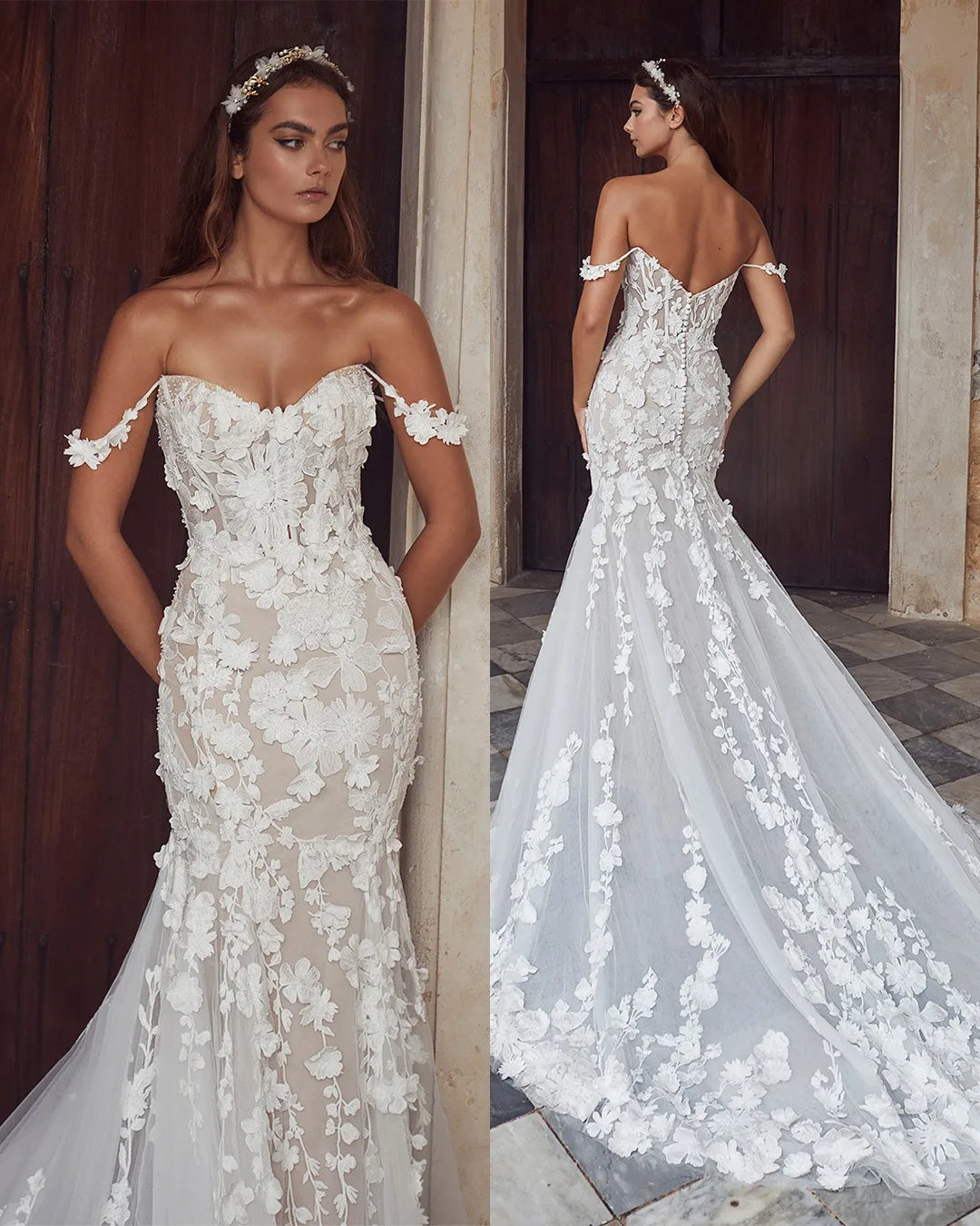 Lakshmigown Off The Shoulder Mermaid Wedding Dress With 3D Flower Appliques