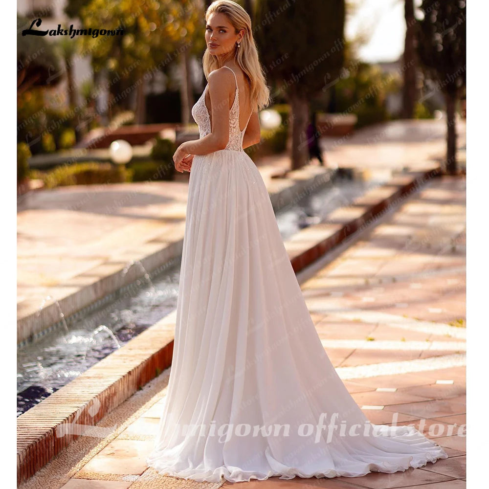 Lakshmigown A Line Chiffon Wedding Dress Deep V Neck Sleeveless
