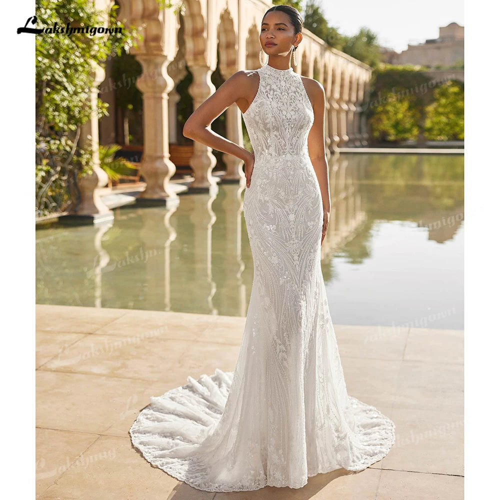 Custom Lace Mermaid Wedding Dress Tulle Detachable Train Halter Backless Gown