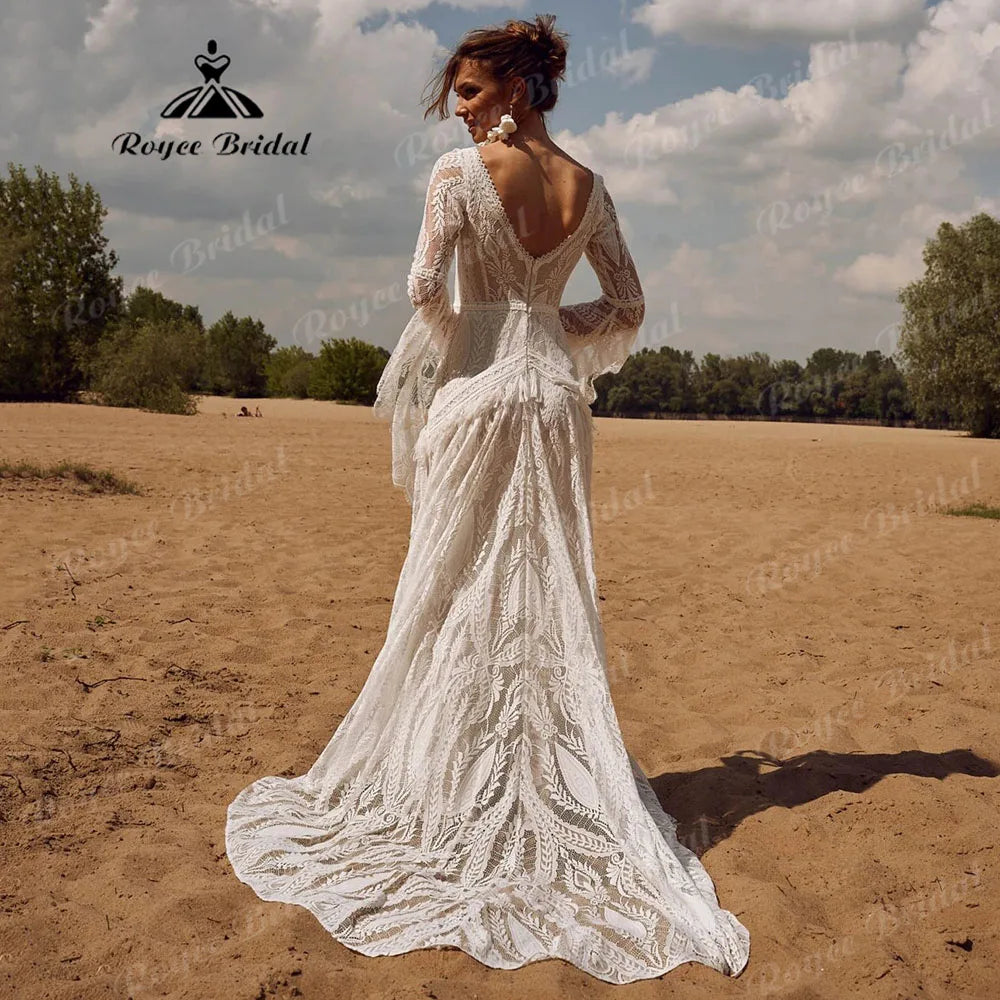 Lace Long Sleeve Mermaid Wedding Dress Boho Bridal Gown Custom Made