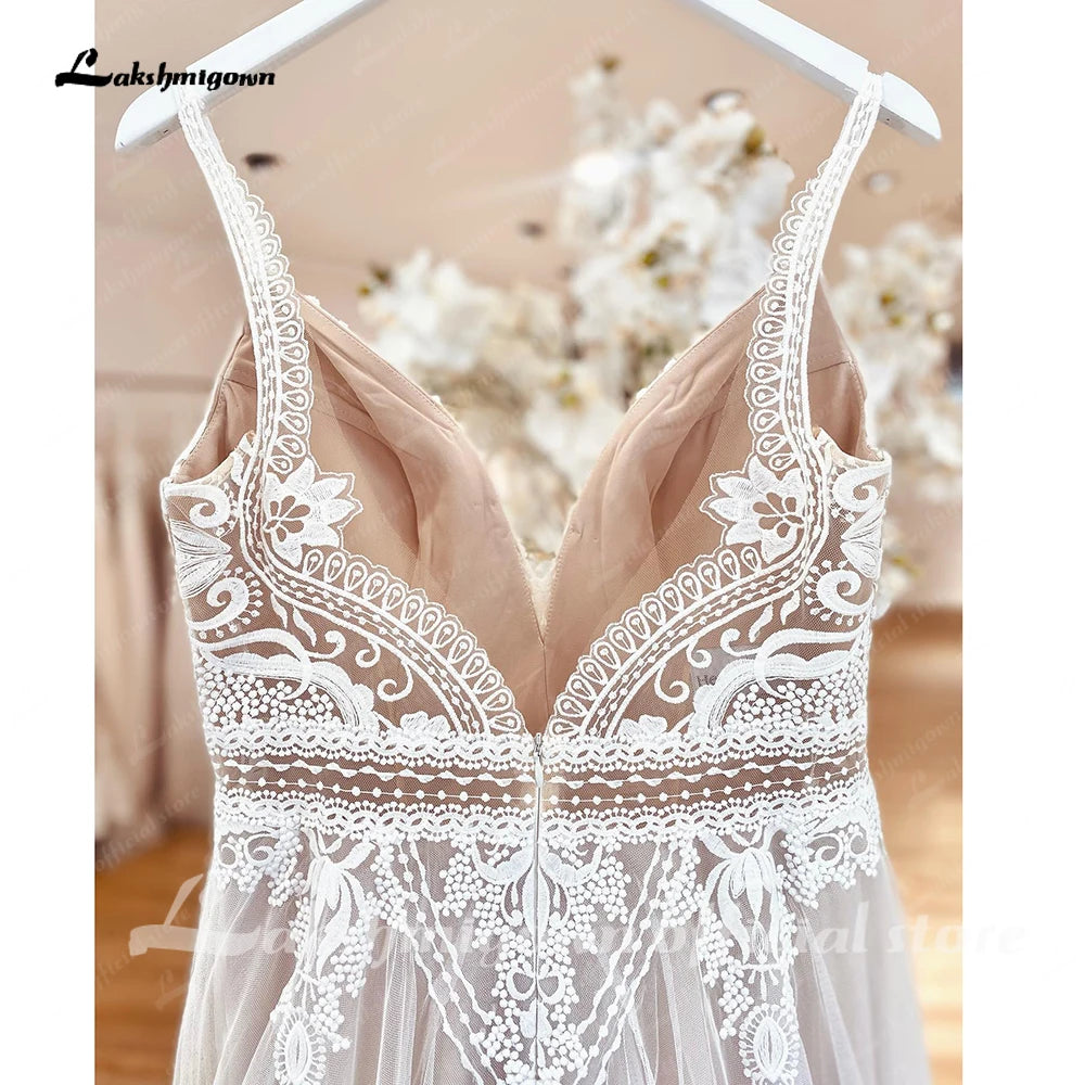 Custom Summer Boho A Line Wedding Dress With Lace V Neck