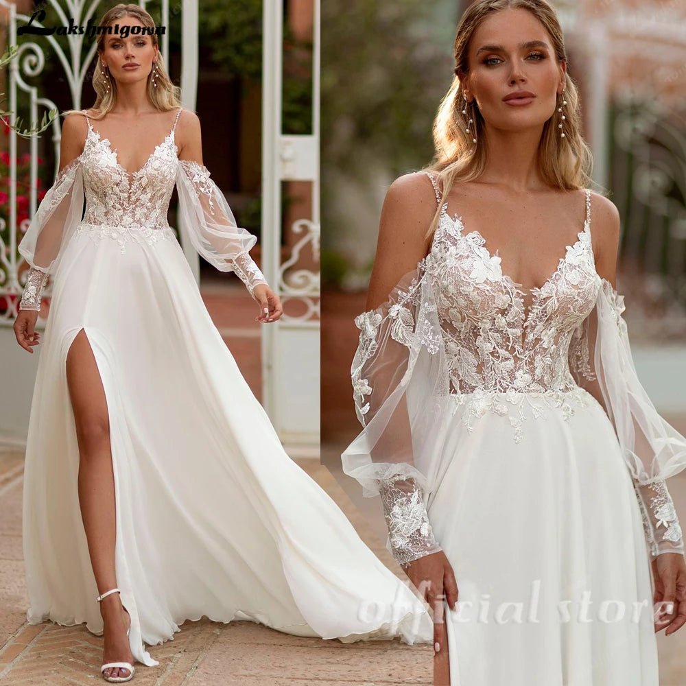 Lakshmigown Custom Spaghetti Strap Chiffon Boho Beach Wedding Dress