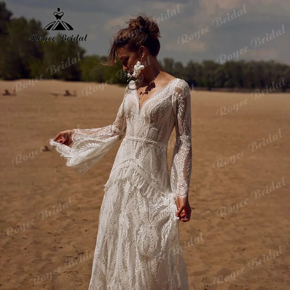 Lace Long Sleeve Mermaid Wedding Dress Boho Bridal Gown Custom Made