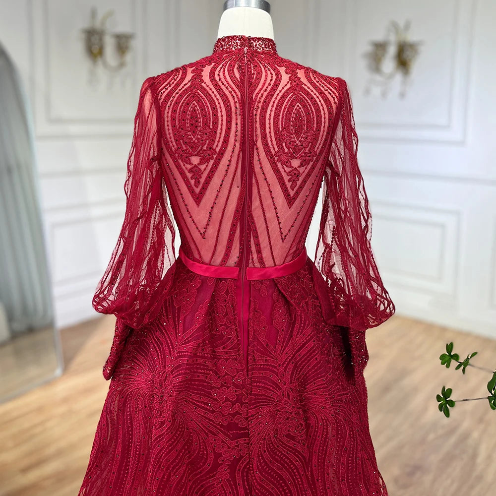 Plus Size Evening Dress Long Sleeve Wine Red Muslim Party Gown