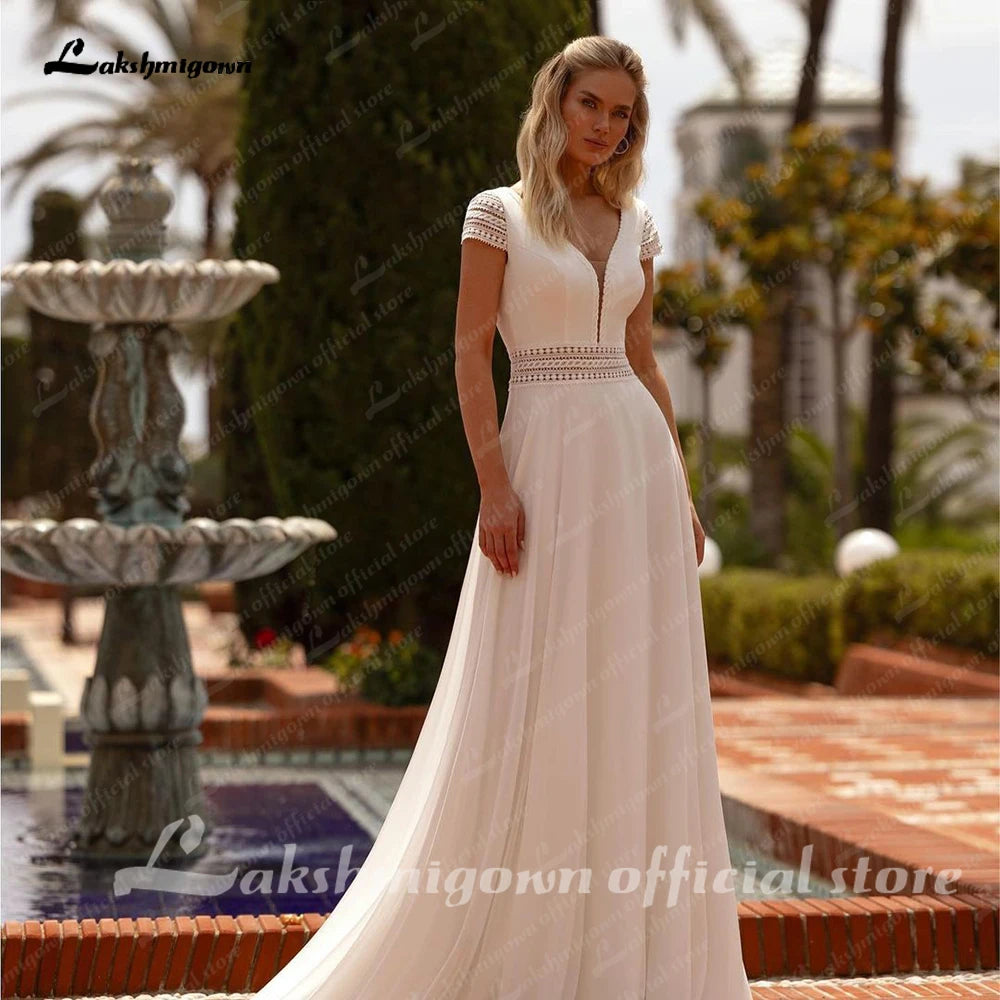 Custom A Line Chiffon Wedding Dress Short Sleeve Lace Backless Gown