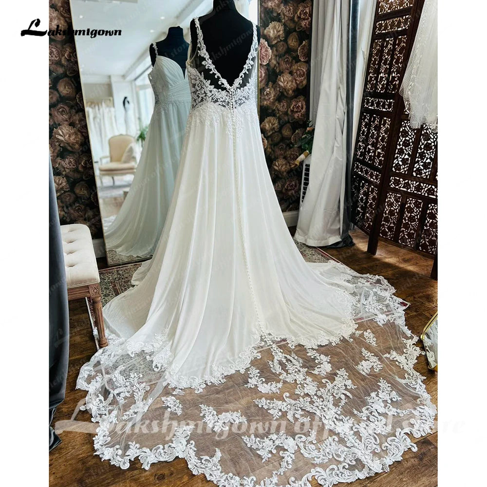 Plus Size Beach Wedding Dress V Neck Pleated Lace Cut Out Train
