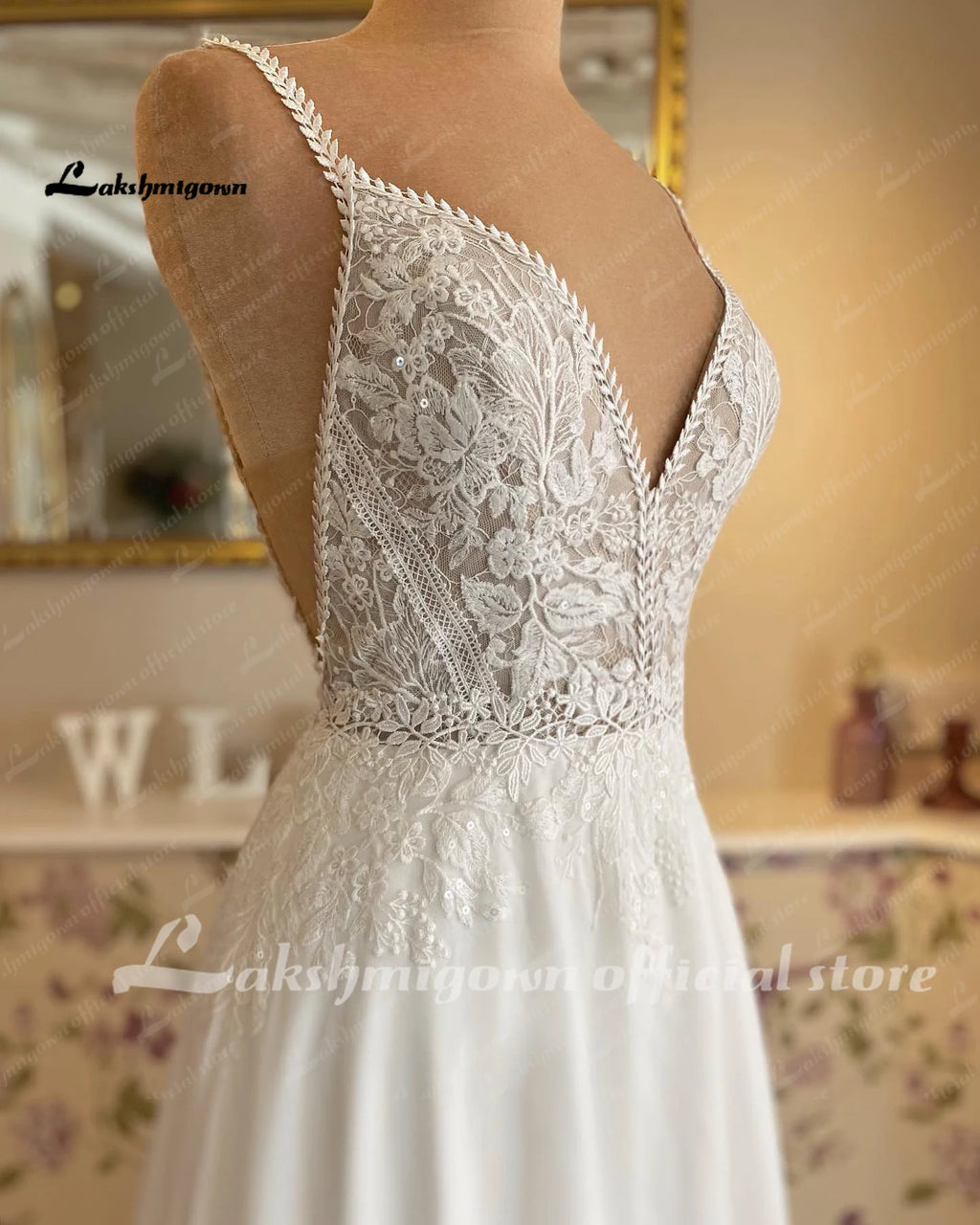 Illusion Lace A Line Chiffon Beach Wedding Dress With Open Back