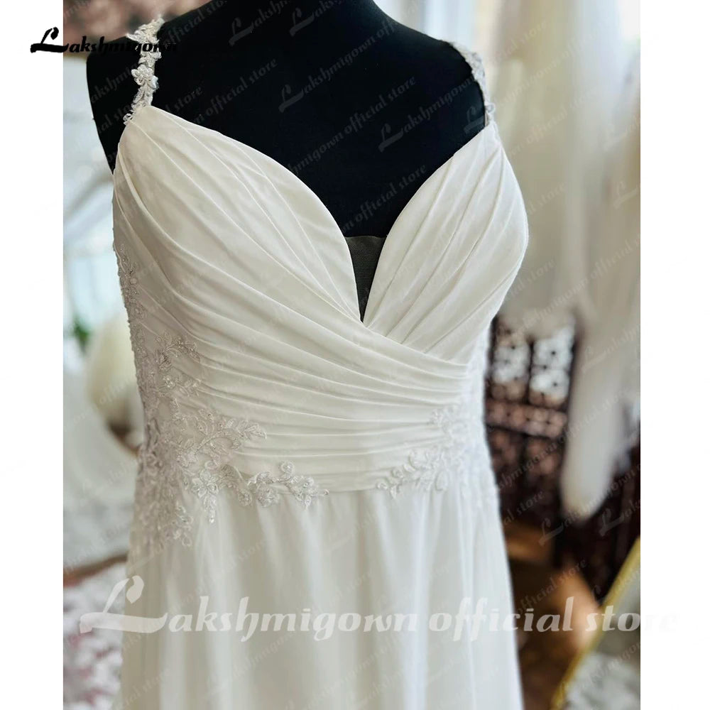 Plus Size Beach Wedding Dress V Neck Pleated Lace Cut Out Train