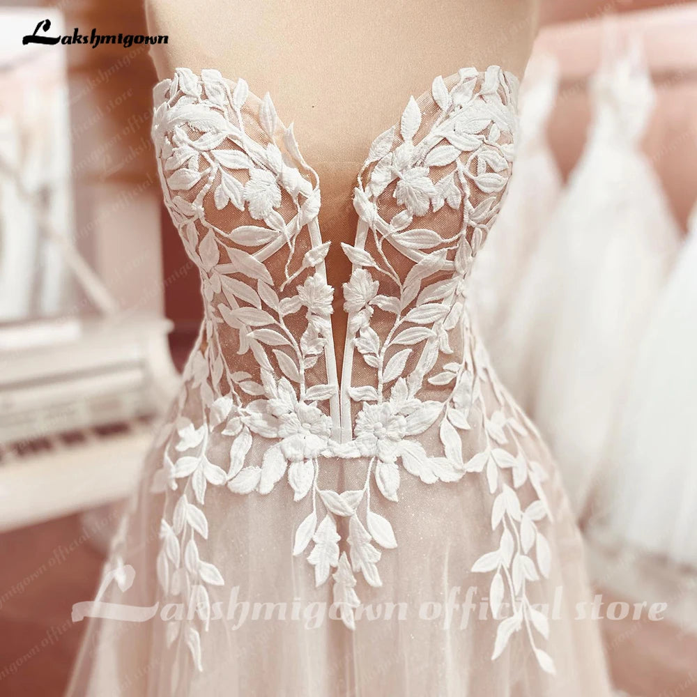Custom Sweetheart A Line Wedding Dress With Glitter Lace Applique