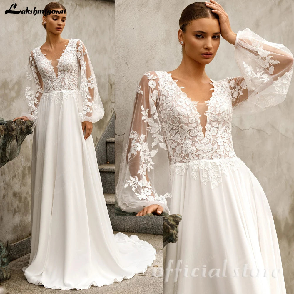 Lakshmigown Customized A Line Chiffon Wedding Dress V Neck Gown