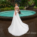High Neck Tulle Wedding Gown With Removable Sleeves Slit Custom Bridal Dress