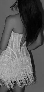 Custom White Lace Mini Wedding Dress Strapless Sheath With Tassel