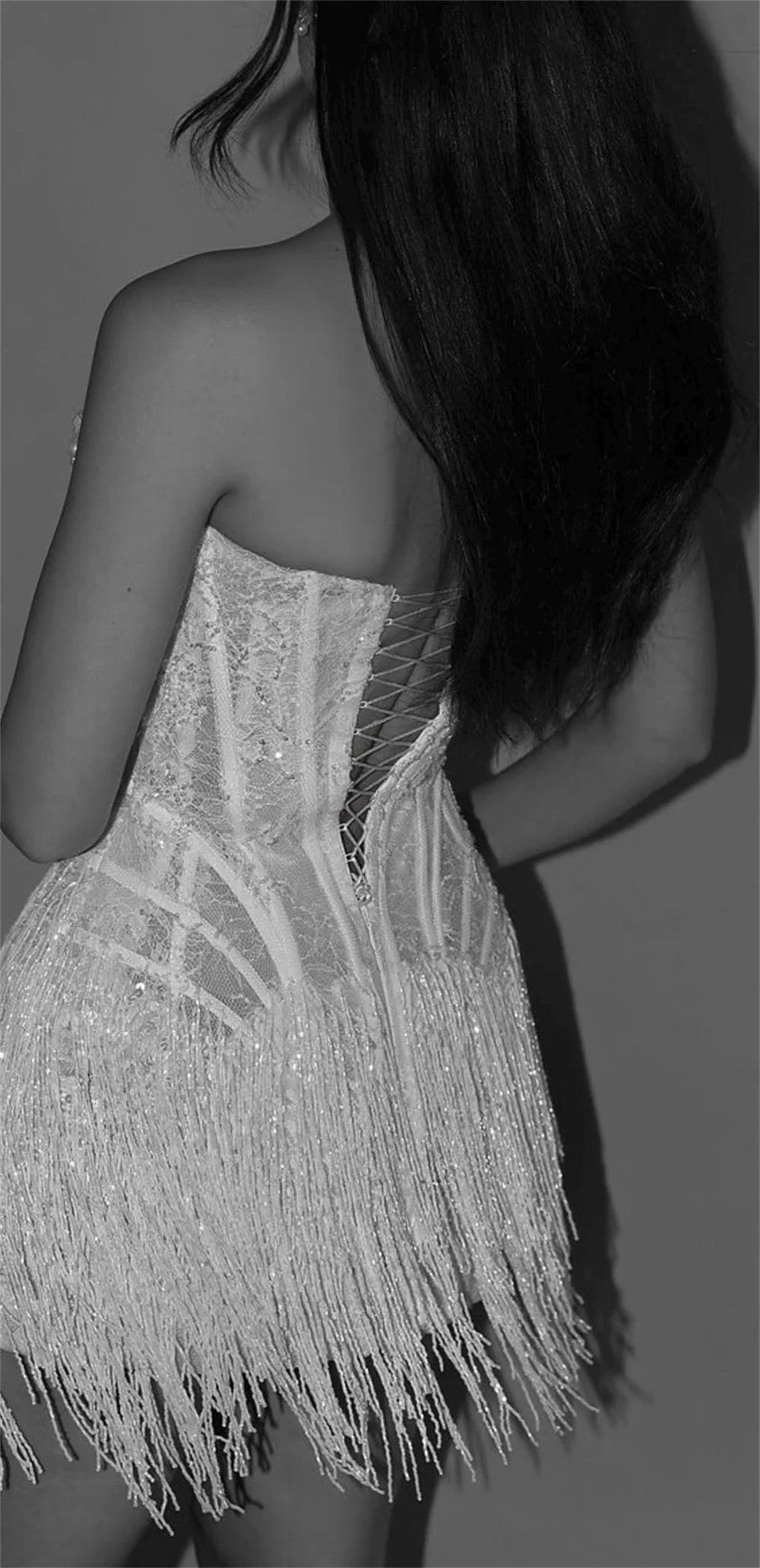 Custom White Lace Mini Wedding Dress Strapless Sheath With Tassel