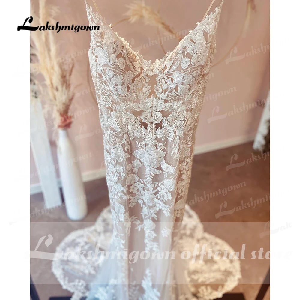 Custom Made Champagne Lace Mermaid Wedding Dress With Spaghetti Straps