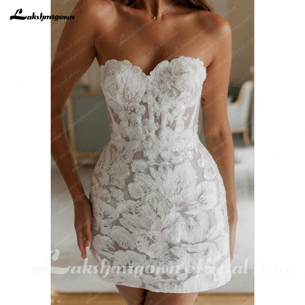 Custom Made Glitter Lace A Line Short Wedding Mini Dress