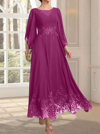 A-Linie, U-Ausschnitt, Illusion, knöchellang, Spitzen-Chiffon, Kleid für die Brautmutter mit Pailletten 