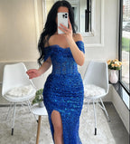 Vestidos de Baile Incríveis com Coluna, Sem Ombros, Sem Mangas, em Tule com Lantejoulas e Fenda Frontal