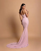 Robe de bal rose étonnante, colonne, sans bretelles, sans manches, en satin orné de strass, dos ouvert avec traîne