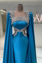 Abito da sera lungo blu in raso con strass, abito da sera di stilista meraviglioso