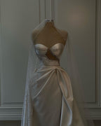 Breathtaking Long White Satin Beaded Sleeveless Wedding Dress With Slit